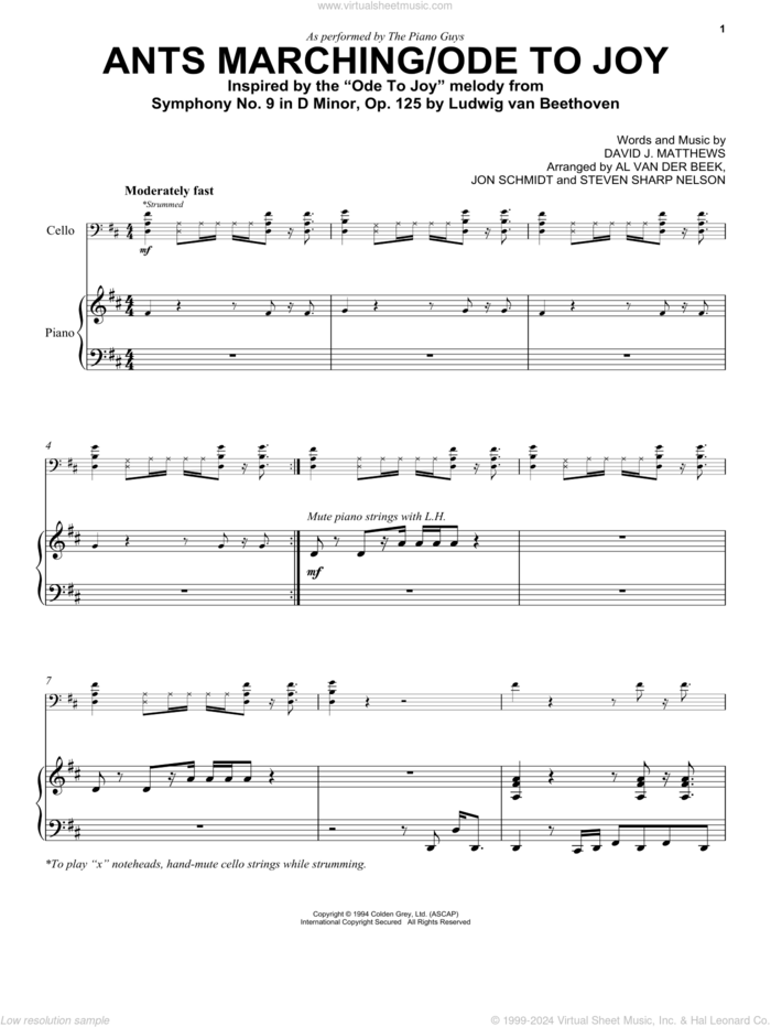 Ants Marching/Ode To Joy sheet music for cello and piano by The Piano Guys, Al van der Beek, Dave Matthews Band, Jon Schmidt, Ludwig van Beethoven and Steven Sharp Nelson, classical score, intermediate skill level
