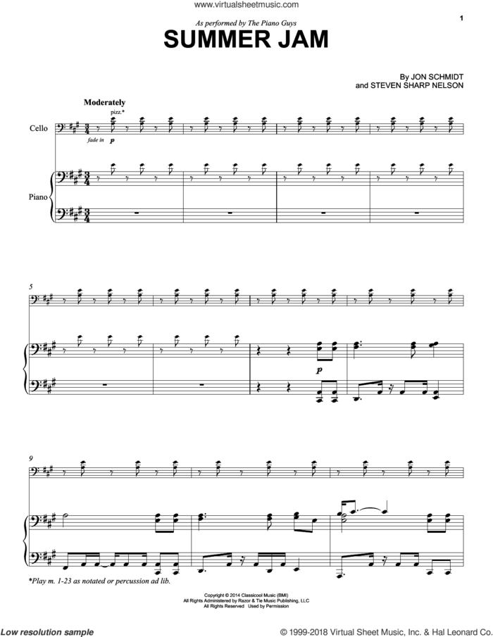 Summer Jam sheet music for cello and piano by The Piano Guys, Jon Schmidt and Steven Sharp Nelson, classical score, intermediate skill level