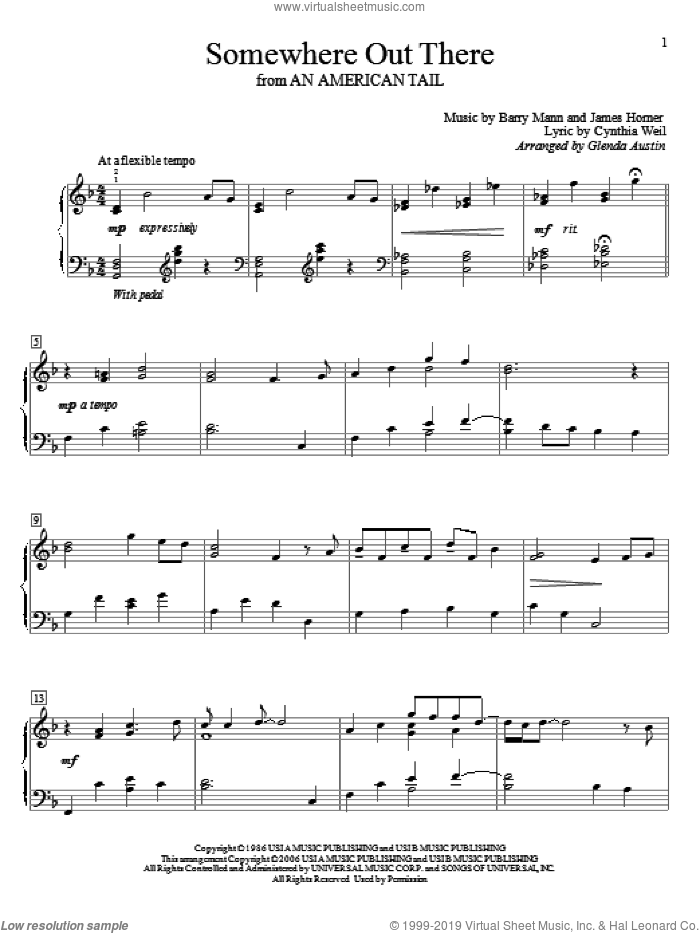 Somewhere Out There sheet music for piano solo (elementary) by James Horner, Glenda Austin, Linda Ronstadt & James Ingram, Barry Mann and Cynthia Weil, beginner piano (elementary)