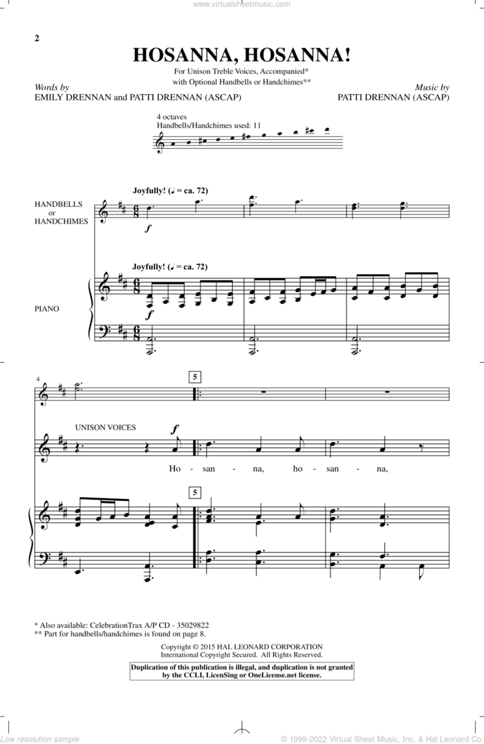 Hosanna, Hosanna! sheet music for choir (Unison) by Patti Drennan and Emily Drennan, intermediate skill level
