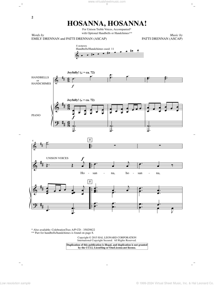 Hosanna, Hosanna! sheet music for choir (Unison) by Patti Drennan and Emily Drennan, intermediate skill level