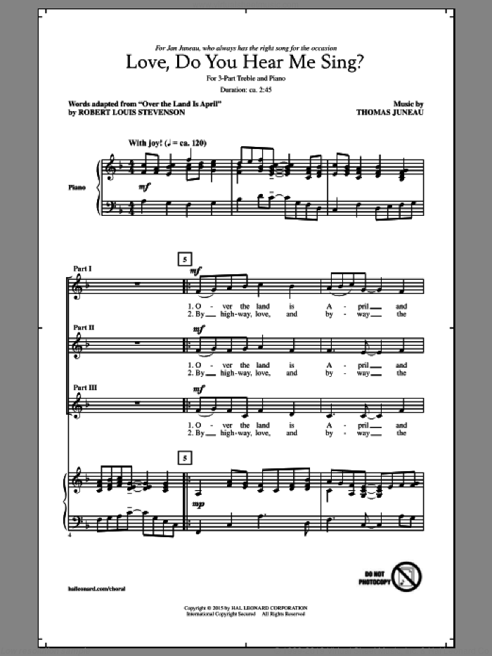Love, Do You Hear Me Sing? sheet music for choir (3-Part Treble) by Thomas Juneau and Robert Louis Stevenson, intermediate skill level