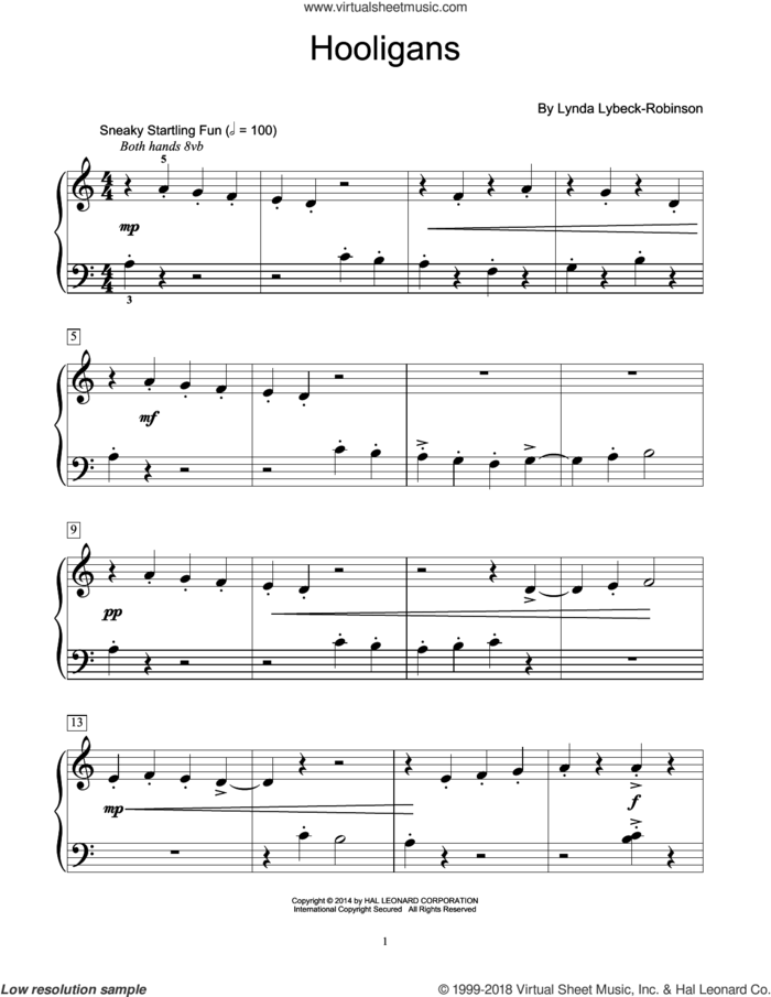 Hooligans sheet music for piano solo (elementary) by Lynda Lybeck-Robinson, beginner piano (elementary)