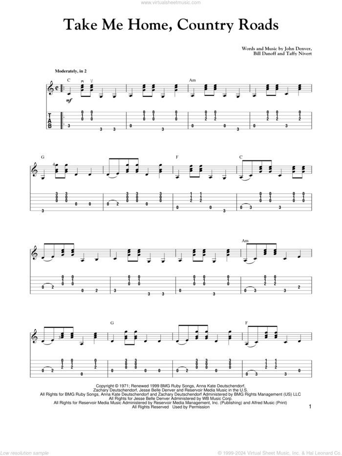 Take Me Home, Country Roads sheet music for guitar solo by John Denver, Carter Style Guitar, Carter Family, Bill Danoff and Taffy Nivert, intermediate skill level