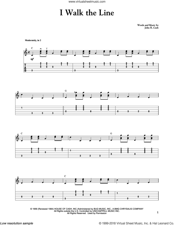 I Walk The Line sheet music for guitar solo by Carter Style Guitar, Carter Family and Johnny Cash, intermediate skill level