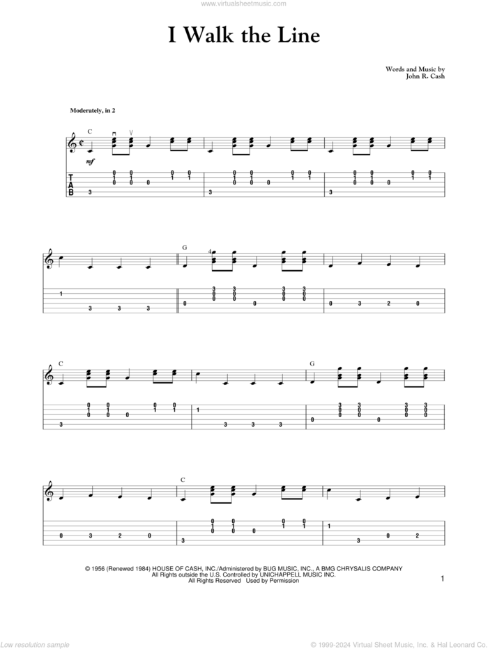 I Walk The Line sheet music for guitar solo by Carter Style Guitar, Carter Family and Johnny Cash, intermediate skill level