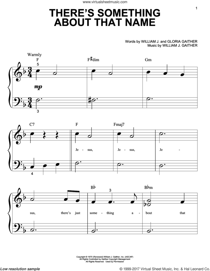 There's Something About That Name sheet music for piano solo (big note book) by Bill & Gloria Gaither, Gloria Gaither and William J. Gaither, easy piano (big note book)