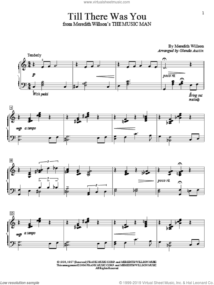 Till There Was You sheet music for piano solo (elementary) by Meredith Willson, Glenda Austin and The Music Man (Musical), wedding score, beginner piano (elementary)