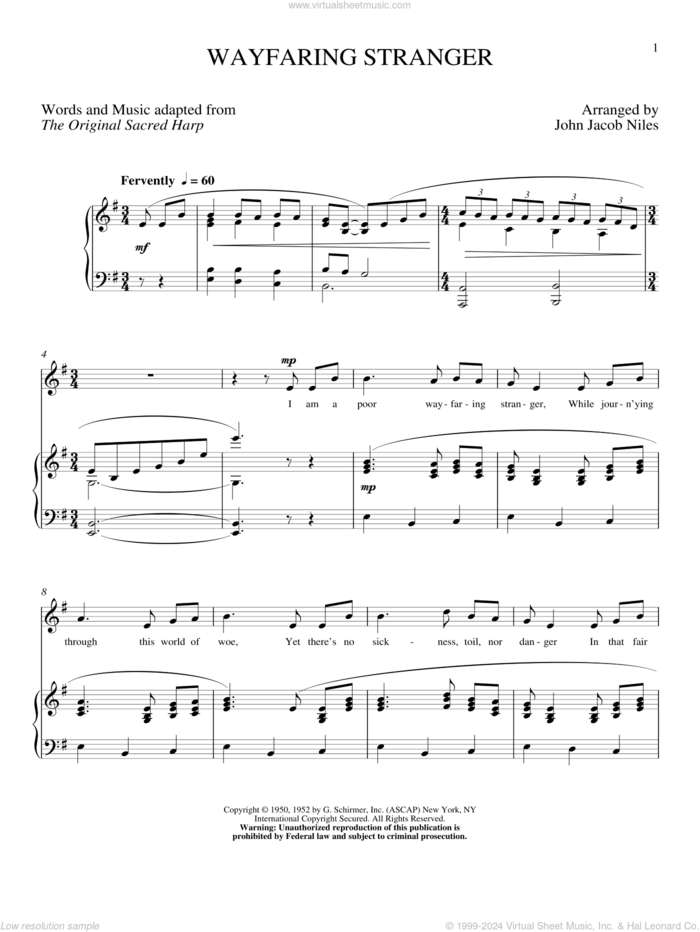 Wayfaring Stranger sheet music for voice and piano (High Voice) by John Jacob Niles, intermediate skill level