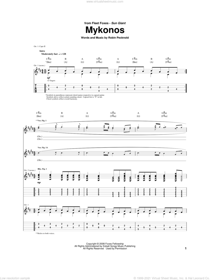 Mykonos sheet music for guitar (tablature) by Fleet Foxes and Robin Pecknold, intermediate skill level