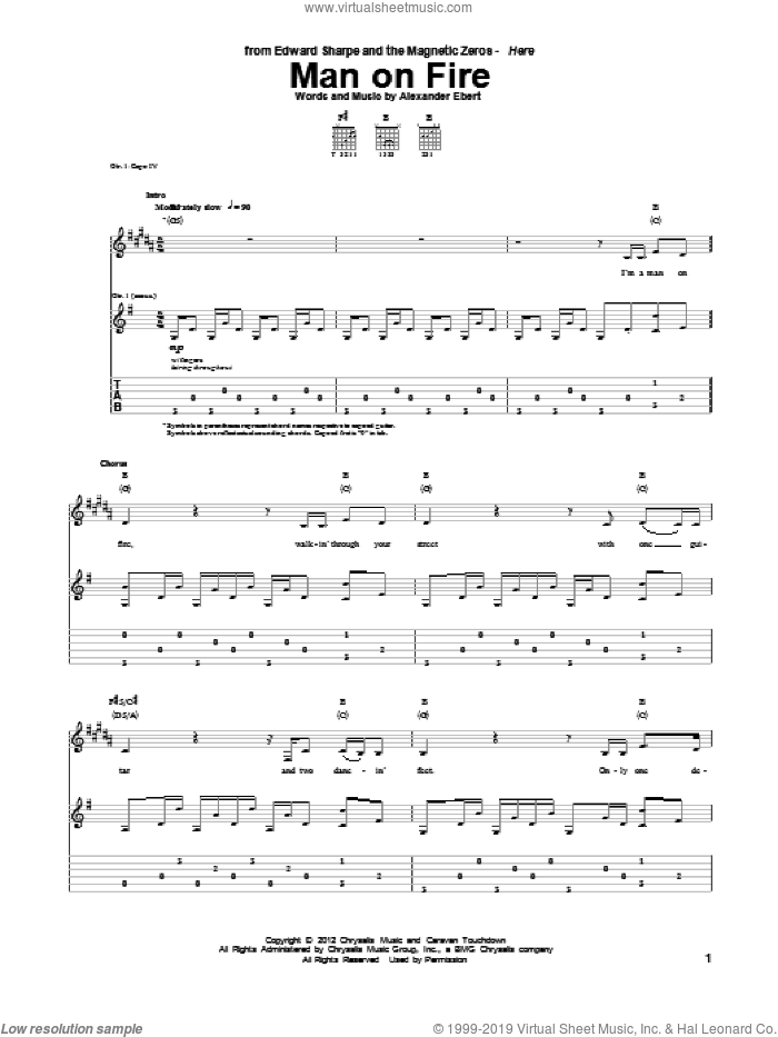 Man On Fire sheet music for guitar (tablature) by Edward Sharpe and the Magnetic Zeros and Alexander Ebert, intermediate skill level