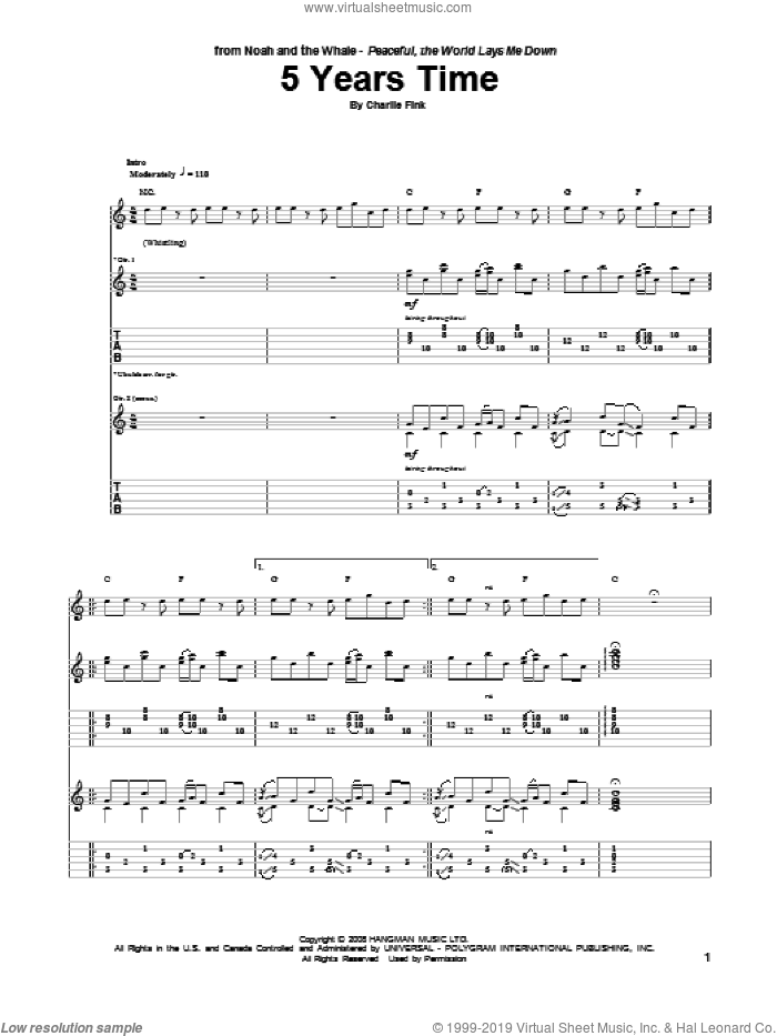 5 Years Time sheet music for guitar (tablature) by Noah And The Whale and Charlie Fink, intermediate skill level