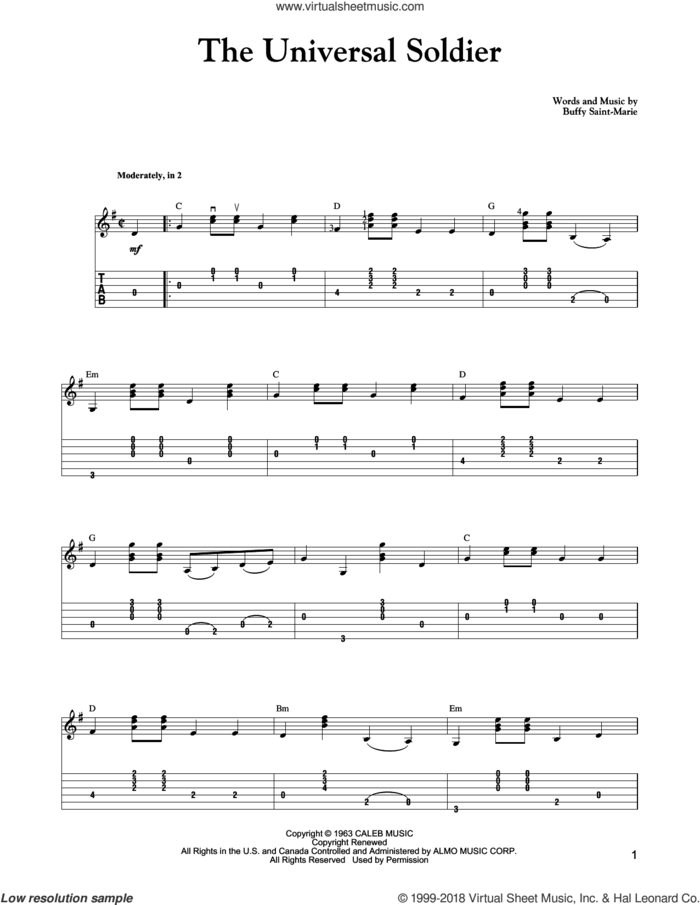 The Universal Soldier sheet music for guitar solo by Buffy Sainte-Marie, Carter Style Guitar, Carter Family and Walter Donovan, intermediate skill level