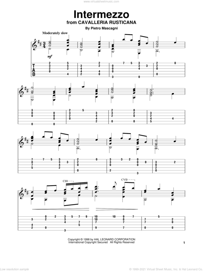 Intermezzo sheet music for guitar solo by Pietro Mascagni, classical score, intermediate skill level