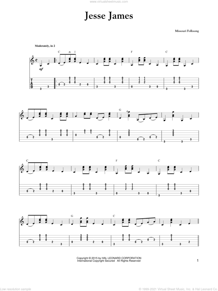 Jesse James sheet music for guitar solo by Carter Style Guitar, Carter Family and Missouri Folksong, intermediate skill level