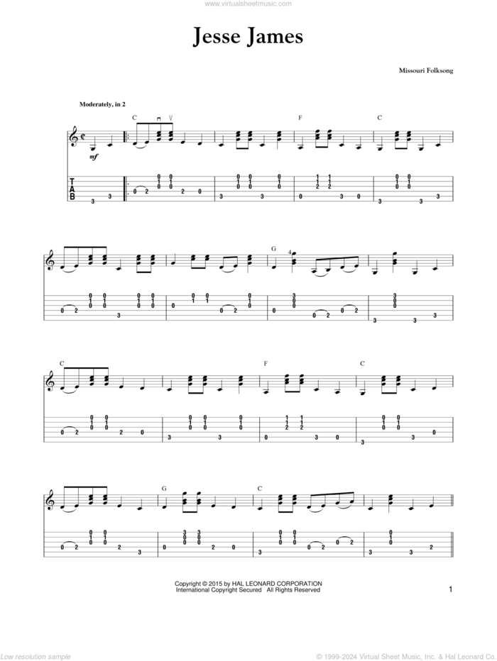 Jesse James sheet music for guitar solo by Carter Style Guitar, Carter Family and Missouri Folksong, intermediate skill level