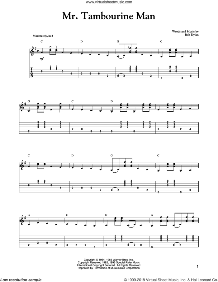 Mr. Tambourine Man sheet music for guitar solo by Bob Dylan, Carter Style Guitar and Carter Family, intermediate skill level