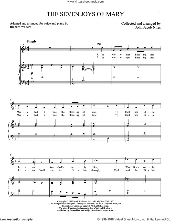 The Seven Joys Of Mary sheet music for voice and piano (High Voice) by John Jacob Niles, intermediate skill level