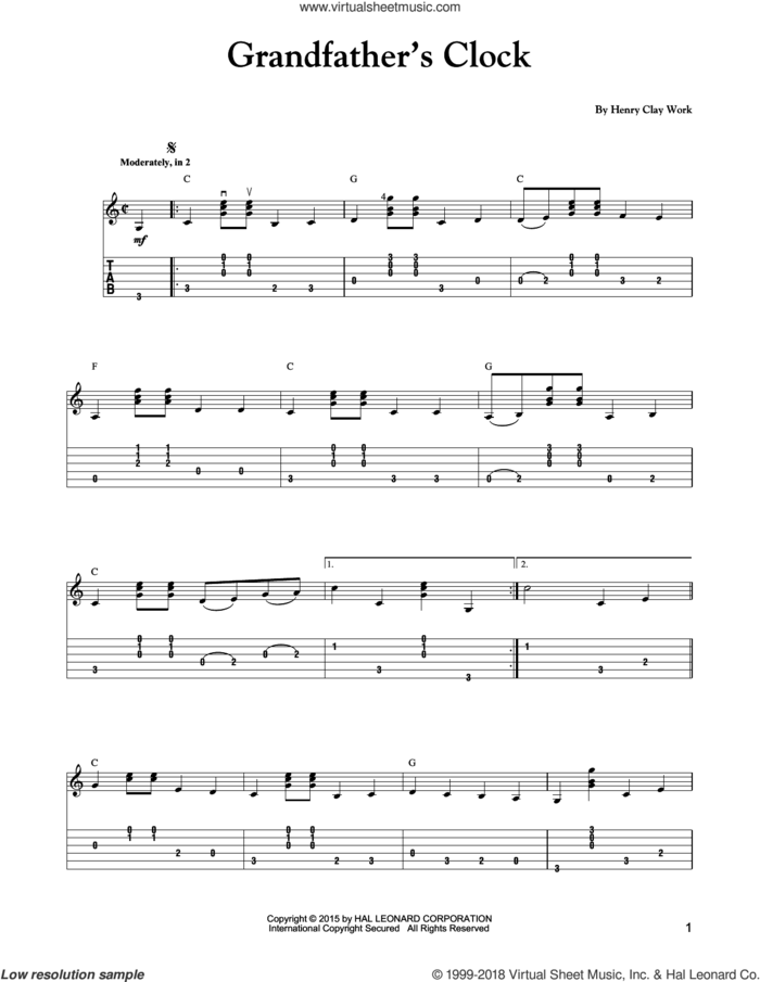 Grandfather's Clock sheet music for guitar solo by Henry Clay Work, Carter Style Guitar and Carter Family, intermediate skill level