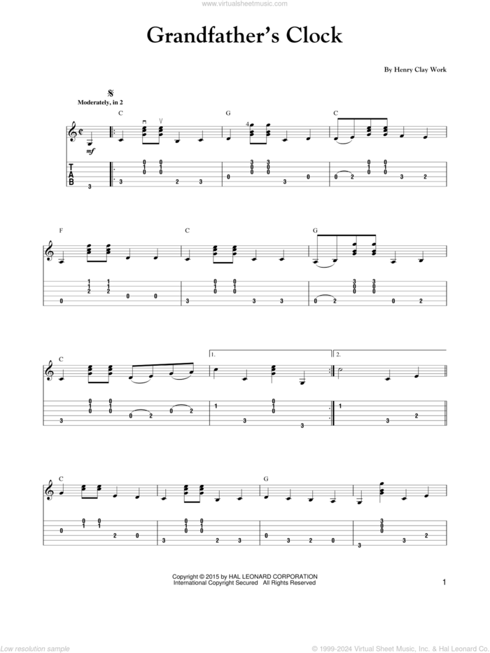 Grandfather's Clock sheet music for guitar solo by Henry Clay Work, Carter Style Guitar and Carter Family, intermediate skill level