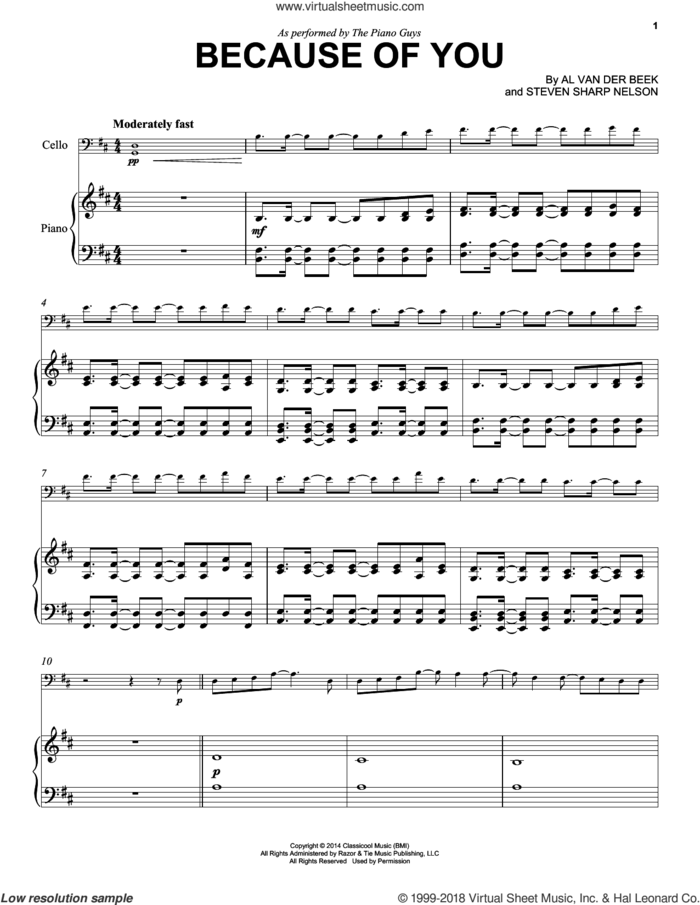 Because Of You sheet music for cello and piano by The Piano Guys, Al van der Beek and Steven Sharp Nelson, classical score, intermediate skill level