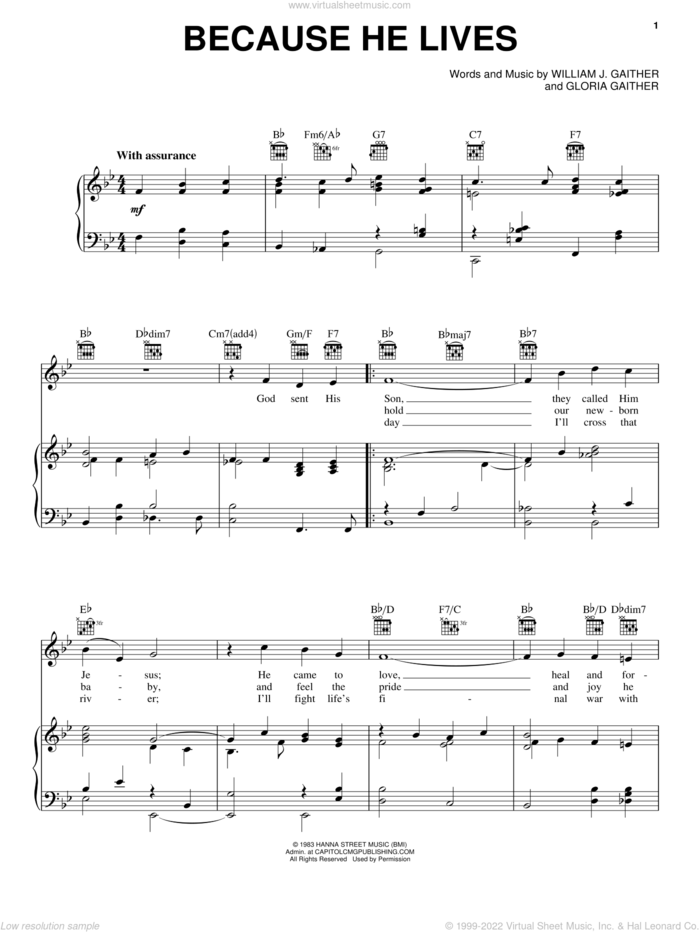 Because He Lives sheet music for voice, piano or guitar by Bill & Gloria Gaither, Gloria Gaither and William J. Gaither, intermediate skill level