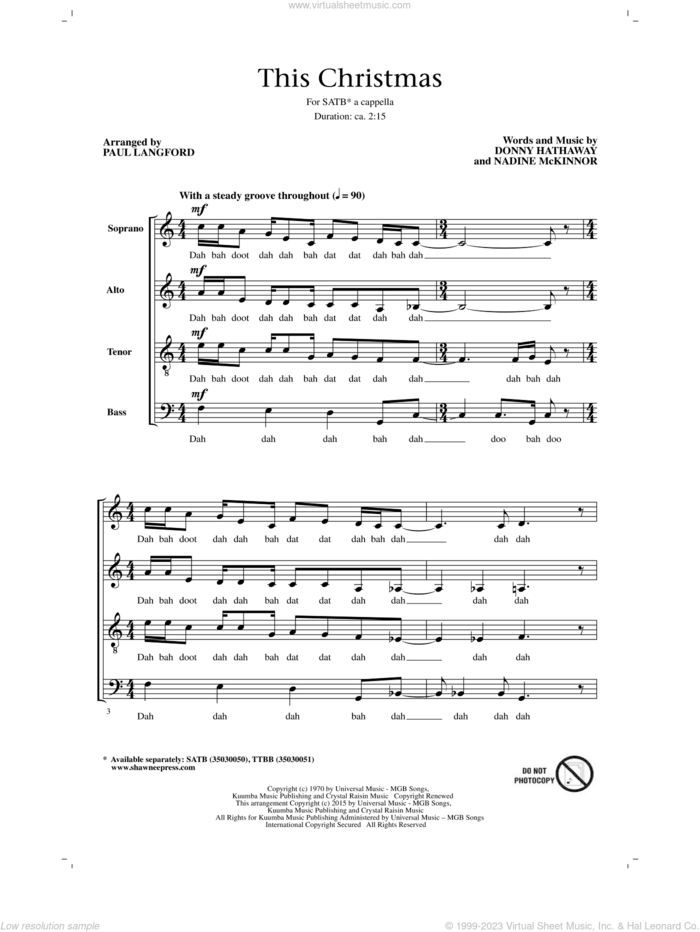 This Christmas sheet music for choir (SATB: soprano, alto, tenor, bass) by Donny Hathaway, Paul Langford and Nadine McKinnor, intermediate skill level
