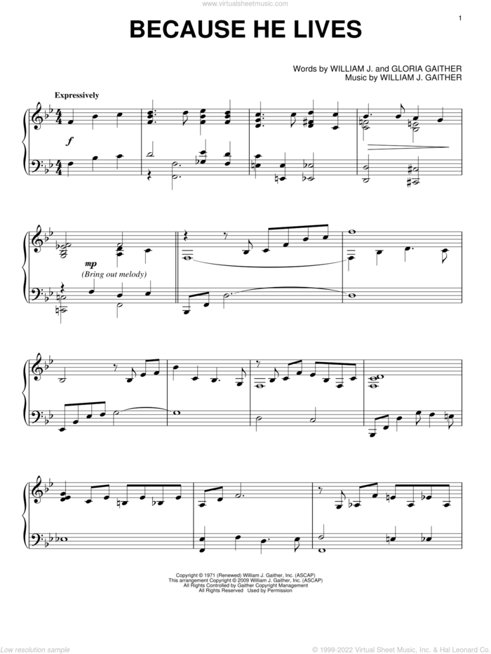 Because He Lives sheet music for piano solo by Bill & Gloria Gaither, Gloria Gaither and William J. Gaither, intermediate skill level
