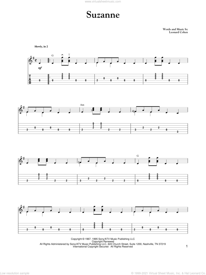 Suzanne sheet music for guitar solo by Leonard Cohen, Carter Style Guitar and Carter Family, intermediate skill level