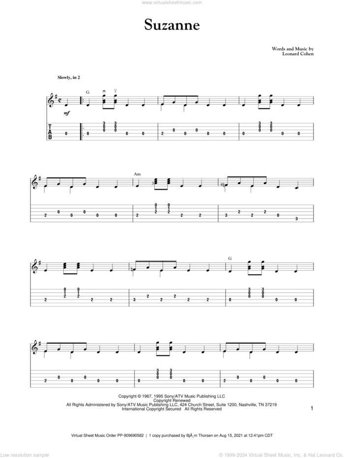 Suzanne sheet music for guitar solo by Leonard Cohen, Carter Style Guitar and Carter Family, intermediate skill level