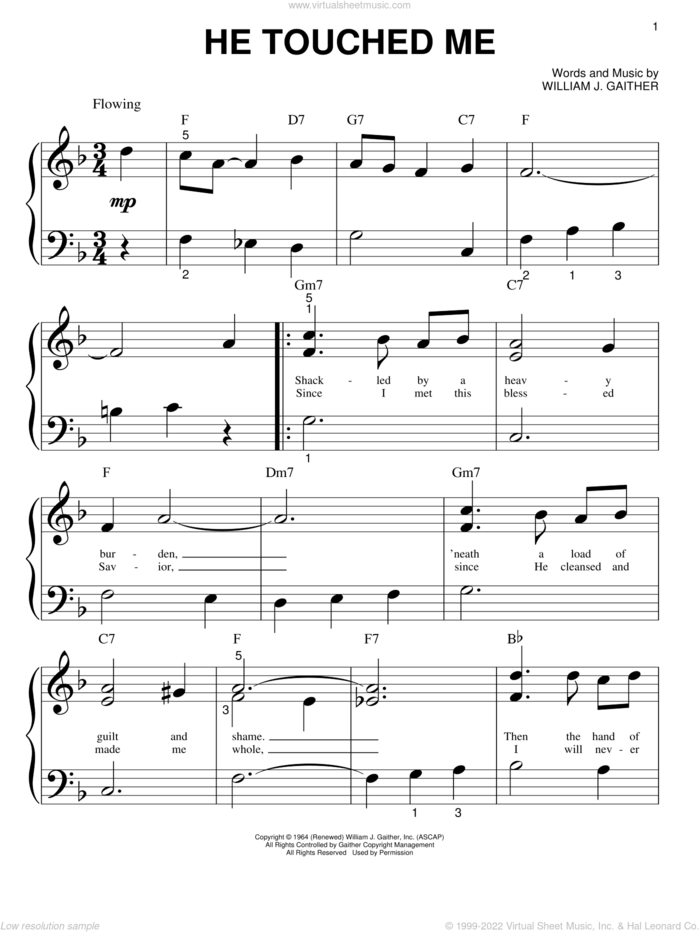 He Touched Me sheet music for piano solo (big note book) by Gaither Vocal Band, Bill & Gloria Gaither and William J. Gaither, easy piano (big note book)
