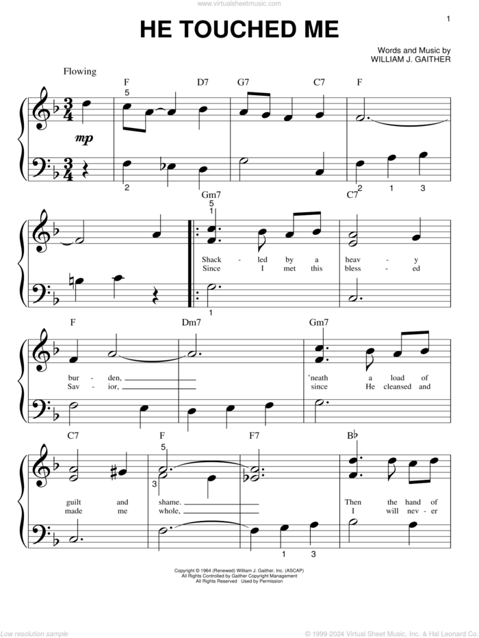 He Touched Me sheet music for piano solo (big note book) by Gaither Vocal Band, Bill & Gloria Gaither and William J. Gaither, easy piano (big note book)