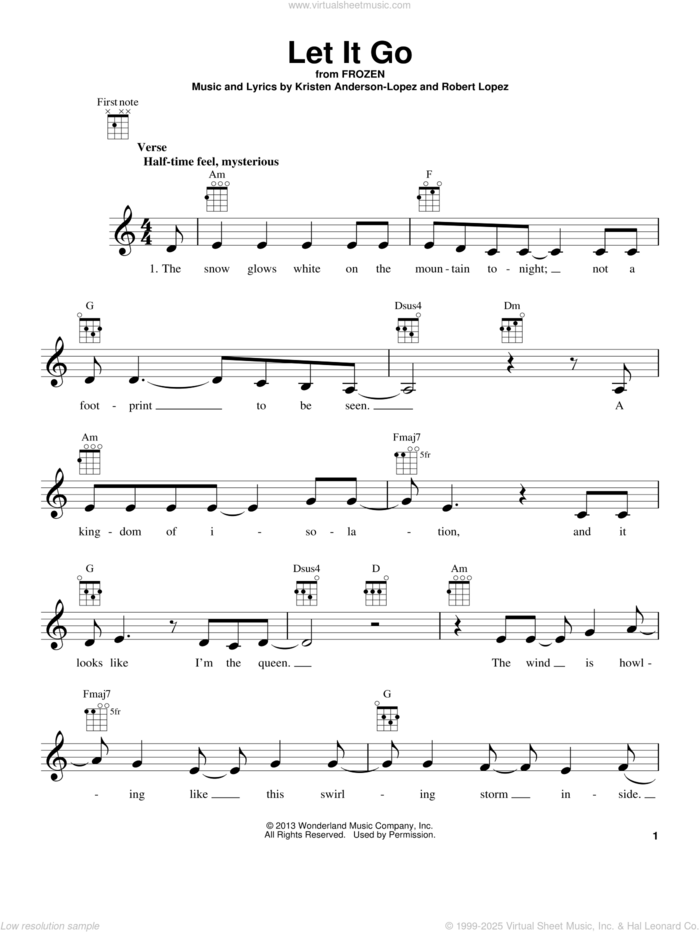 Let It Go (from Frozen) sheet music for ukulele by Idina Menzel, Kristen Anderson-Lopez and Robert Lopez, intermediate skill level