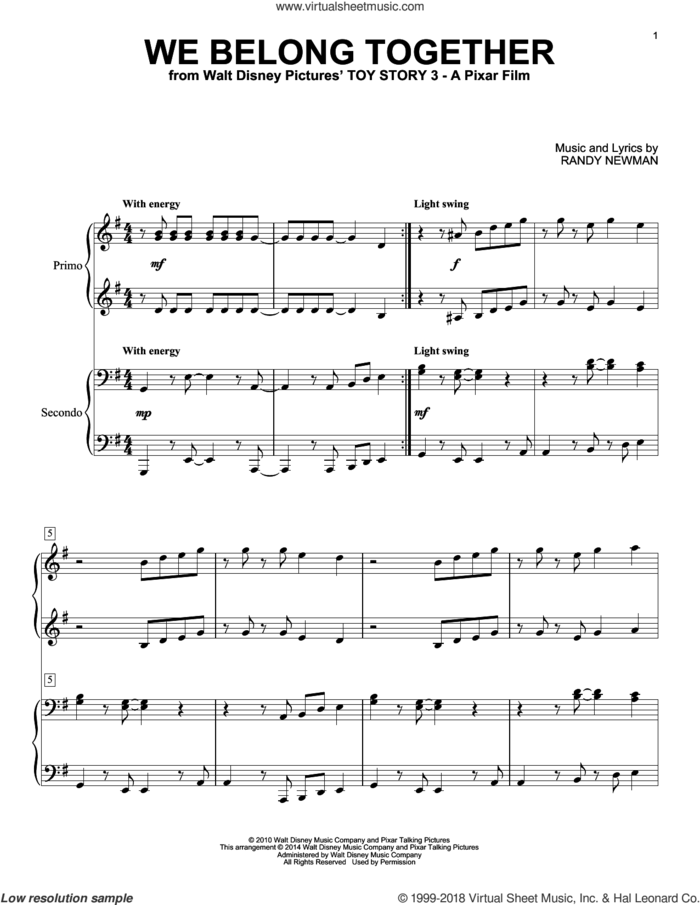 We Belong Together (from Toy Story 3) sheet music for piano four hands by Randy Newman, intermediate skill level