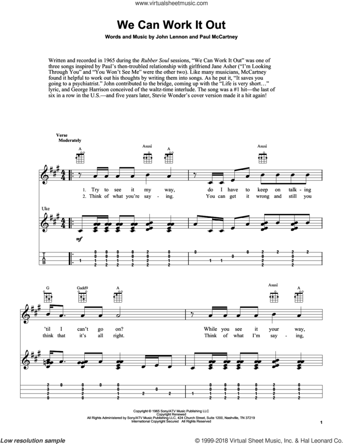 We Can Work It Out sheet music for ukulele (easy tablature) (ukulele easy tab) by The Beatles, Fred Sokolow, John Lennon and Paul McCartney, intermediate skill level