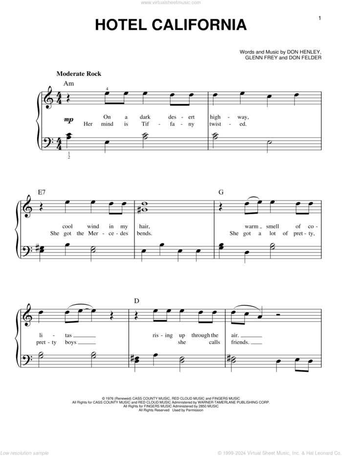 Hotel California, (beginner) sheet music for piano solo by Don Henley, The Eagles, Don Felder and Glenn Frey, beginner skill level