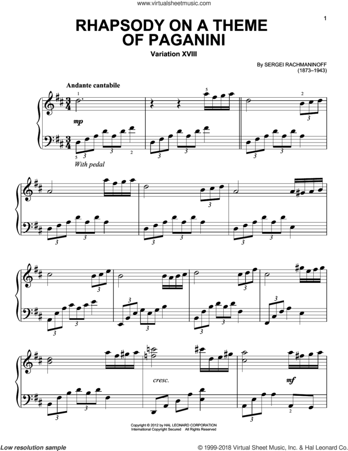 Rhapsody On A Theme Of Paganini, Variation XVIII, (beginner) sheet music for piano solo by Serjeij Rachmaninoff, classical score, beginner skill level