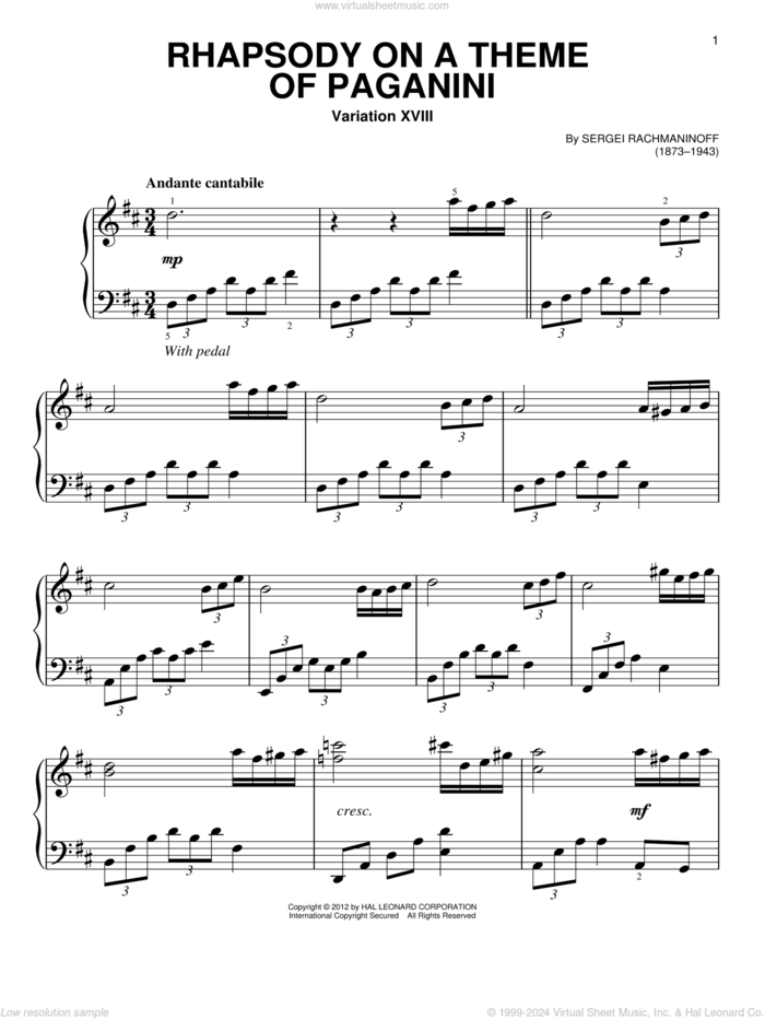 Rhapsody On A Theme Of Paganini, Variation XVIII, (beginner) sheet music for piano solo by Serjeij Rachmaninoff, classical score, beginner skill level