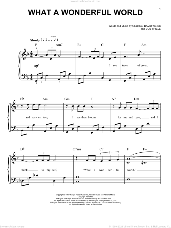 What A Wonderful World sheet music for piano solo by Louis Armstrong, Bob Thiele and George David Weiss, beginner skill level