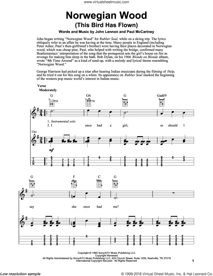 Norwegian Wood (This Bird Has Flown) sheet music for ukulele (easy tablature) (ukulele easy tab) by The Beatles, Fred Sokolow, John Lennon and Paul McCartney, intermediate skill level