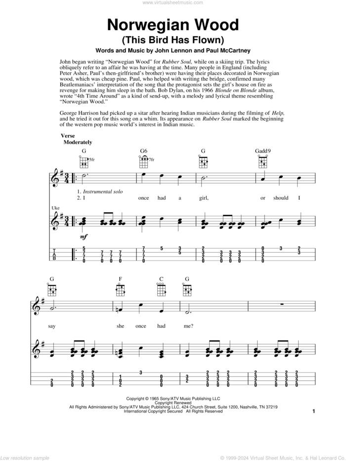 Norwegian Wood (This Bird Has Flown) sheet music for ukulele (easy tablature) (ukulele easy tab) by The Beatles, Fred Sokolow, John Lennon and Paul McCartney, intermediate skill level