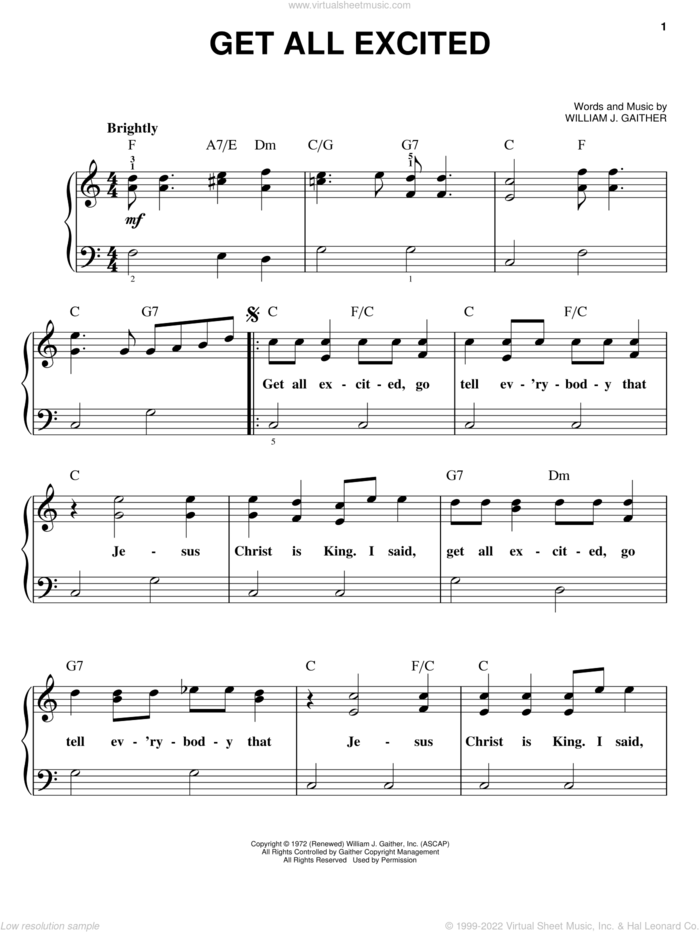 Get All Excited sheet music for piano solo by William J. Gaither, easy skill level
