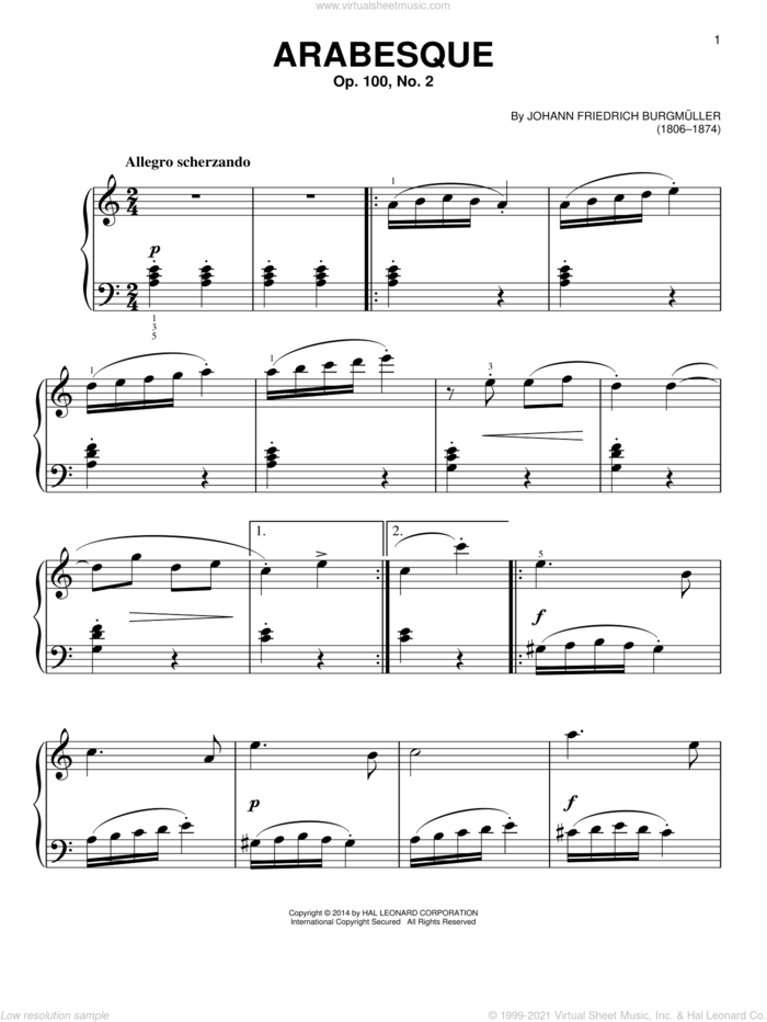 Arabesque, Op. 100, No. 2 sheet music for piano solo by Friedrich Johann Franz Burgmuller, classical score, beginner skill level