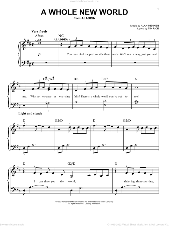 A Whole New World (from Aladdin: The Broadway Musical) sheet music for piano solo by Alan Menken, Alan Menken & Tim Rice and Tim Rice, wedding score, easy skill level