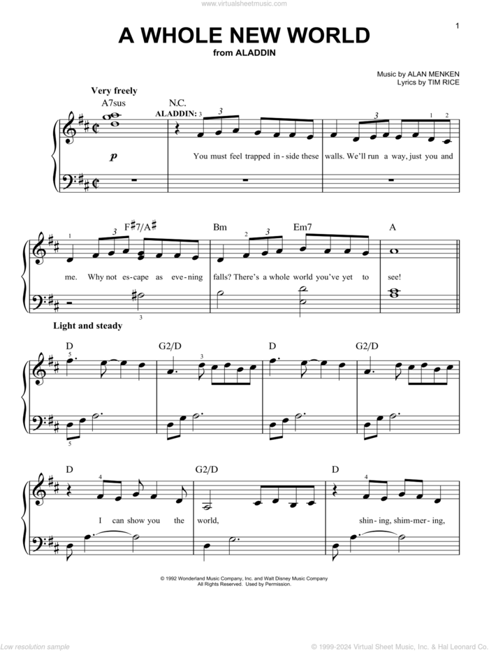 A Whole New World (from Aladdin: The Broadway Musical) sheet music for piano solo by Alan Menken, Alan Menken & Tim Rice and Tim Rice, wedding score, easy skill level