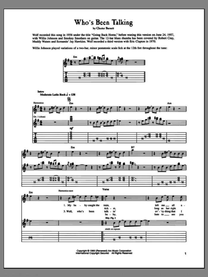 Who's Been Talking sheet music for guitar (tablature) by Howlin' Wolf and Chester Burnett, intermediate skill level