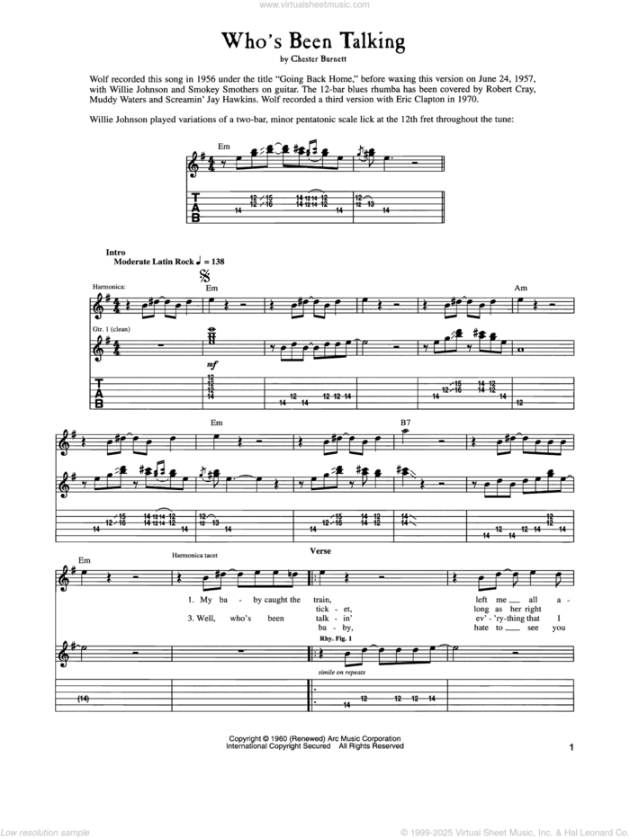 Who's Been Talking sheet music for guitar (tablature) by Howlin' Wolf and Chester Burnett, intermediate skill level