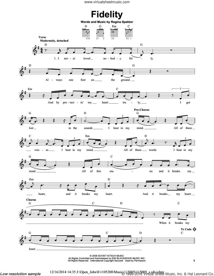 Fidelity sheet music for guitar solo (chords) by Regina Spektor, easy guitar (chords)