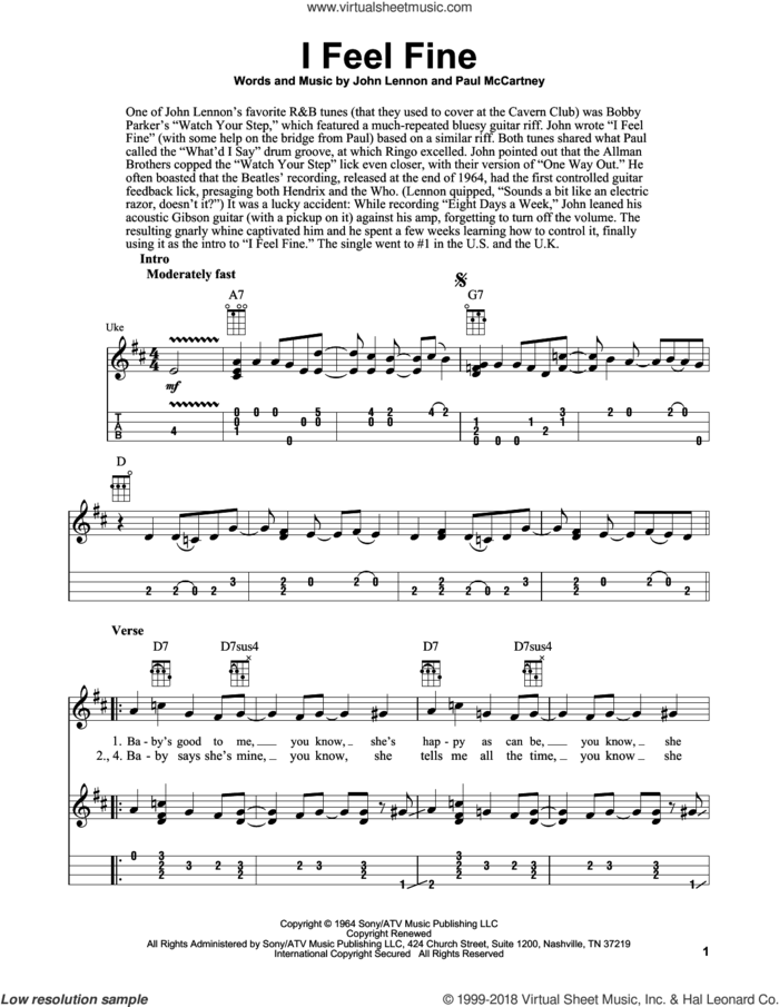 I Feel Fine sheet music for ukulele (easy tablature) (ukulele easy tab) by The Beatles, Fred Sokolow, John Lennon and Paul McCartney, intermediate skill level