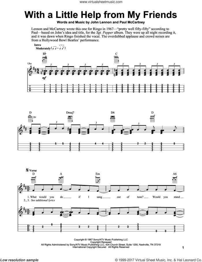 With A Little Help From My Friends sheet music for ukulele (easy tablature) (ukulele easy tab) by The Beatles, Fred Sokolow, Joe Cocker, John Lennon and Paul McCartney, intermediate skill level
